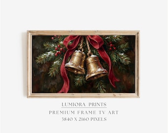 Christmas Bells Samsung Frame TV Art • Golden Holiday Bells • Festive Pine Garland Wall Art • Classic Christmas Decor for The Frame, image 1