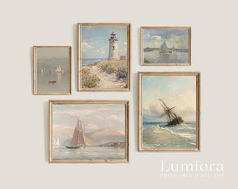 50+ Coastal Gallery Wall, Coastal Wall Art Set, Nautical Prints, Beach Wall Art, Seascape Painting, Retro Coastal Art, Ocean Prints, image 4