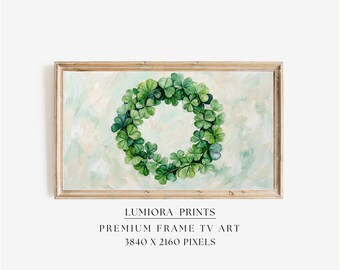 St. Patrick’s Day Samsung Frame TV Art, Lucky Clover Wreath TV Decor, Green Aesthetic Screen Art, Irish Holiday Background, 4K, image 1