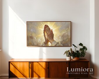 Praying Hands TV Art, Divine Light Christian Oil Painting, Spiritual Faith Samsung Frame TV Art, Grace and Prayer Wall Art Decor, image 3