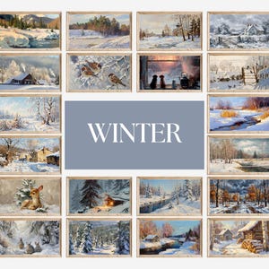 May include: A collection of framed winter landscape paintings. The paintings depict snowy scenes with cabins, forests, and wildlife. The word "WINTER" is displayed in the center of the image.