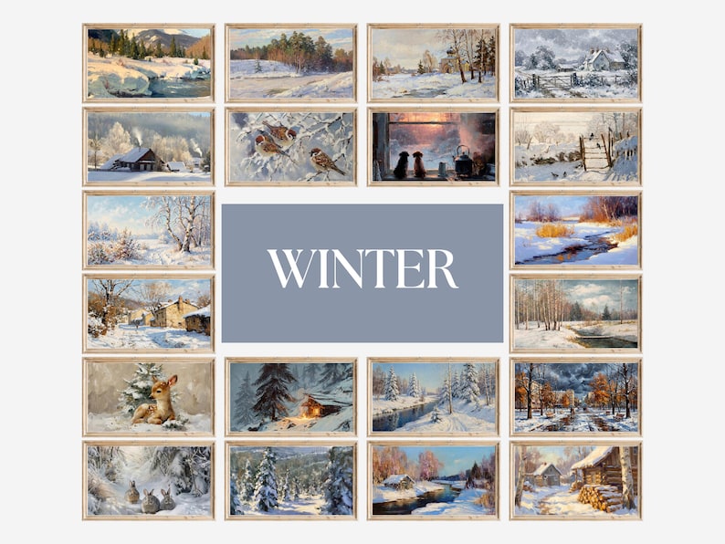 May include: A collection of framed winter landscape paintings. The paintings depict snowy scenes with cabins, forests, and wildlife. The word "WINTER" is displayed in the center of the image.