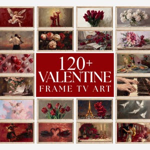 May include: A collection of framed TV art prints with romantic themes. The images include paintings of flowers, couples, angels, and the Eiffel Tower. The text on the image reads "120+ VALENTINE FRAME TV ART."