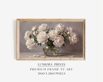 Romantic White Peonies Samsung Frame TV Art, Vintage Floral Oil Painting, Glass Vase Still Life, Neutral Grey Aesthetic, 4K Spring Decor, image 1