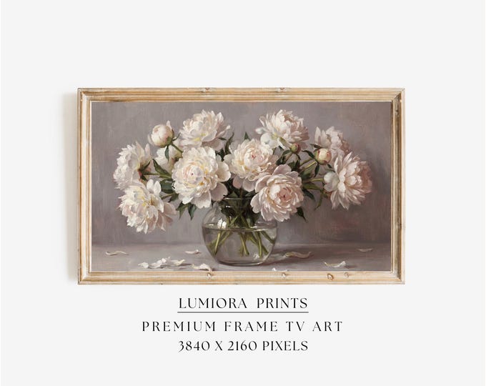 Romantic White Peonies Samsung Frame TV Art, Vintage Floral…