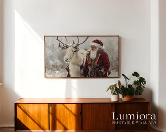 Samsung Frame TV Art Santa Claus Reindeer • Vintage Christmas Oil Painting • Nordic Winter Wall Art • Rustic Holiday Decor, image 3
