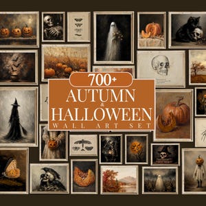 Könnte beinhalten: Eine Sammlung gerahmter Wandbilder mit Herbst- und Halloween-Motiven, darunter Kürbisse, Geister, Skelette, Fledermäuse und schwarze Katzen. Der zentrale Text lautet 700+ AUTUMN & HALLOWEEN WALL ART SET. Die Bilder zeigen dunkle, stimmungsvolle Töne.