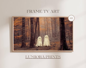Halloween Frame TV Art, Ghosts in Autumn Forest, Vintage Fall Oil Painting, Spooky Halloween Tv Art, image 1