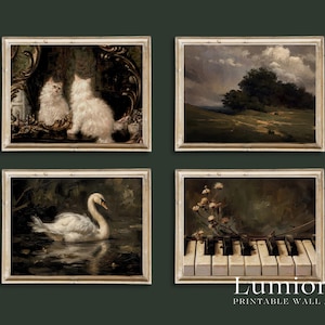 May include: Four framed vintage-style wall art prints. The prints depict a pair of white cats, a landscape with trees, a swan on water, and a piano keyboard with flowers. The frames are a light beige colour. The text "LUMiORA PRINTABLE WALL ART" is at the bottom.