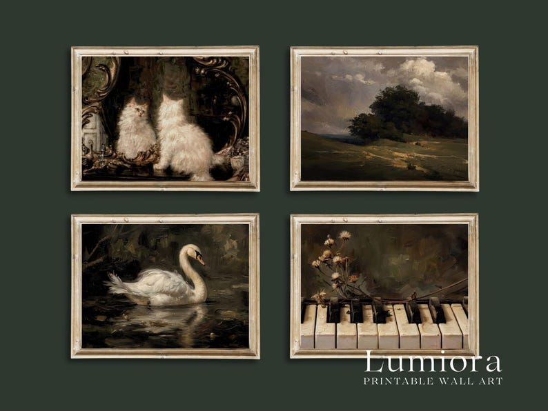 May include: Four framed vintage-style wall art prints. The prints depict a pair of white cats, a landscape with trees, a swan on water, and a piano keyboard with flowers. The frames are a light beige colour. The text "LUMiORA PRINTABLE WALL ART" is at the bottom.