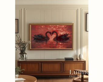 Samsung Frame TV Art Valentine's Day, Romantic Swans Heart Shape, Red Water Oil Painting, Nature 4K Download, image 6
