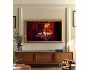 Romantic Candlelight Dinner Samsung Frame TV Art, Wine and Roses Still Life, Vintage Oil Painting, Valentine's Day Decor, Moody Cafe, 4K, image 6