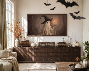 Halloween Frame TV Art, Witch Ghost with Candle, Vintage Halloween Oil Painting, Spooky Cute Ghost Decor, Moody Fall Digital Download TV, image 3