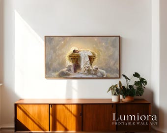 Baby Jesus in Manger TV Art, Nativity with Lambs Christian Oil Painting, Christmas Holy Night Samsung Frame TV Art, Spiritual Nursery Art, image 3