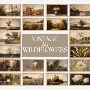 May include: A collection of vintage-style landscape paintings featuring scenes of nature, including trees, fields, and water. Some paintings depict flowers in vases. The text "VINTAGE & WILDFLOWERS" is displayed in the center.