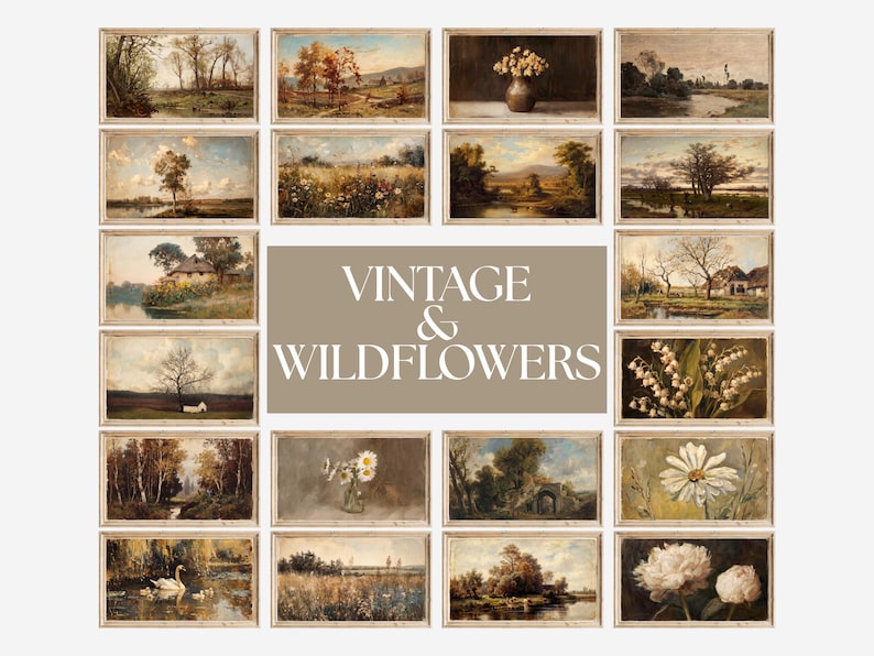 May include: A collection of vintage-style landscape paintings featuring scenes of nature, including trees, fields, and water. Some paintings depict flowers in vases. The text "VINTAGE & WILDFLOWERS" is displayed in the center.