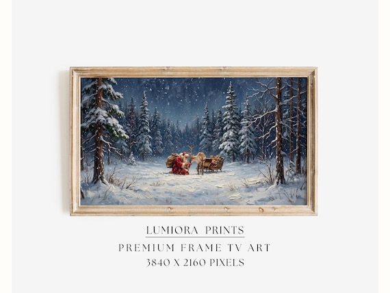 Samsung Frame TV Art Santa Claus • Christmas Reindeer • Winter Forest Painting •