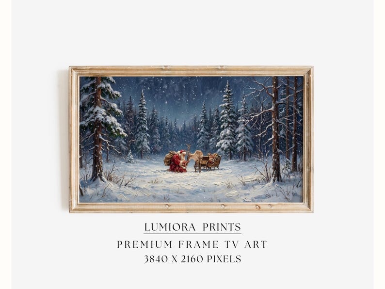 Samsung Frame TV Art Santa Claus • Christmas Reindeer • Winter Forest Painting •