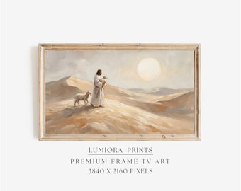 The Good Shepherd Samsung Frame TV Art, Jesus Carrying Lamb Christian Oil Painting, Desert Faith Screen Decor, Spiritual Savior Wall Art, 4K, image 1