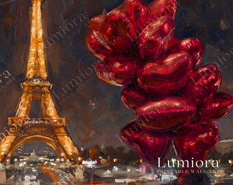 Samsung Frame TV Art Valentine's Day, Paris Eiffel Tower Night Oil Painting, Romantic Red Heart Balloons, 4K Digital Download Screensaver, image 4