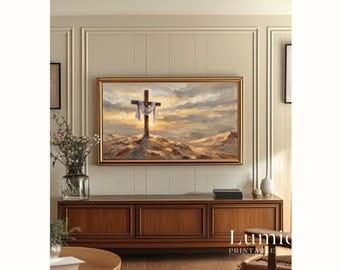 Cross Resurrection TV Art, He Is Risen Christian Oil Painting, Easter Samsung Frame TV Art, Spiritual Faith Sunset Landscape Decor, image 5