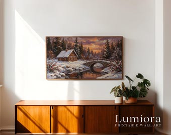 Samsung Frame TV Art Winter Cabin Landscape • Snowy Sunset Painting • Cozy Rustic Bridge Artwork, image 3