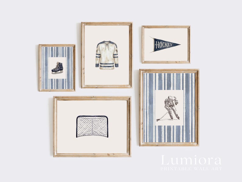 May include: A collection of framed wall art featuring hockey-themed illustrations. The set includes a hockey jersey, a hockey skate, a hockey net, a pennant with the word "HOCKEY", and a hockey player in action. The frames have a light wood finish.