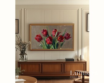 Samsung Frame TV Art Valentine's Day, Red Tulips on Neutral Background, Vintage Floral Oil Painting, Earthy Spring Decor, 4K, image 6