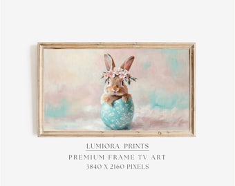 Bunny with Flower Crown Samsung Frame TV Art, Nursery Rabbit Wall Decor, Spring Floral Art Painting, Cottagecore Easter Decor, image 1