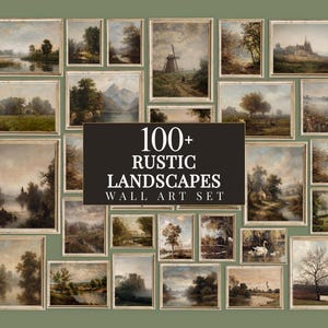 May include: A collection of framed rustic landscape paintings in various sizes, arranged on a green background. The paintings feature scenes of nature, including rivers, trees, and buildings. The text "100+ RUSTIC LANDSCAPES WALL ART SET" is displayed in the center.