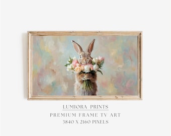 Easter Bunny with Flowers Samsung Frame TV Art, Spring TV Decor, Rabbit Floral Oil Painting, 4K, Holiday Screen Art, Nursery Wall Decor, image 1