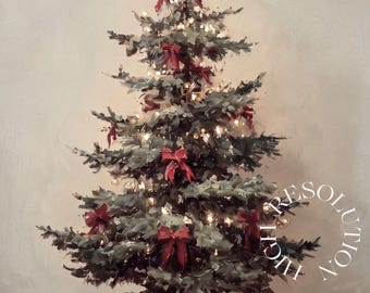 Vintage Christmas Tree Painting, Christmas Tree with Red Bows Print, Antique Holiday Wall Art, Printable Christmas Decor, Digital Download, image 5