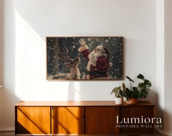 Samsung Frame TV Art Santa & Reindeer • Vintage Christmas Painting • Magical Snow Scene • Holiday Wall Art Digital Download, image 3