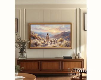 The Good Shepherd Samsung Frame TV Art, Jesus Leading Sheep in Mountains Screen Decor, Christian Religious Oil Painting, 4K, image 5