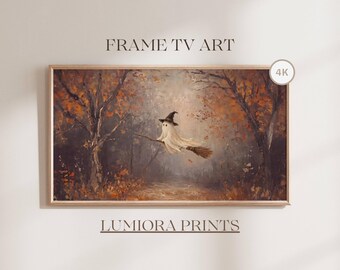 Halloween Frame TV Art, Ghost on Broomstick in Autumn Forest, Vintage Fall Oil Painting, Cute Witch Ghost Decor, Digital Download for TV, image 1
