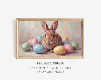 Easter Bunny in Wildflower Meadow Samsung Frame TV Art, Spring TV Decor, Cute Rabbit Oil Painting, 4K Digital Download, Nursery Wall Art, image 1