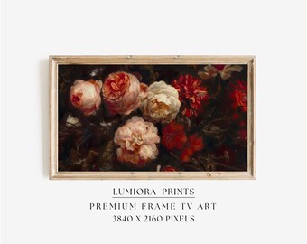 Moody Floral Samsung Frame TV Art Valentine's Day, Romantic Peonies and Roses Bouquet, Dark Academia Oil Painting, Vintage Flower Still Life, image 1