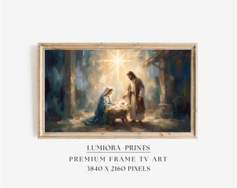 Nativity Scene Samsung Frame TV Art, The Birth of Jesus Christian Oil Painting, Holy Family Manger Wall Art, Star of Bethlehem Christmas Art, image 1