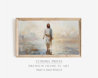 Jesus Walking on Water Samsung Frame TV Art, Christian Religious Screen Decor, Christ Miracle Oil Painting, Spiritual Faith Background, 4K, image 1