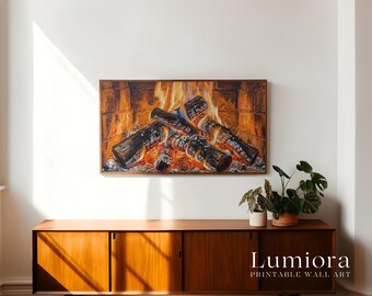 Samsung Frame TV Art • Cozy Fireplace Wall Art • Warm Winter Hearth • Rustic Cabin Fireplace Painting • Hygge Home Decor, image 3