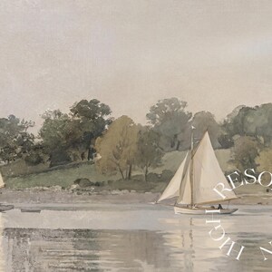 May include: Watercolor painting of two sailboats on a calm body of water. The boats have white sails and are set against a backdrop of green trees and a muted sky. The painting has a vintage aesthetic.
