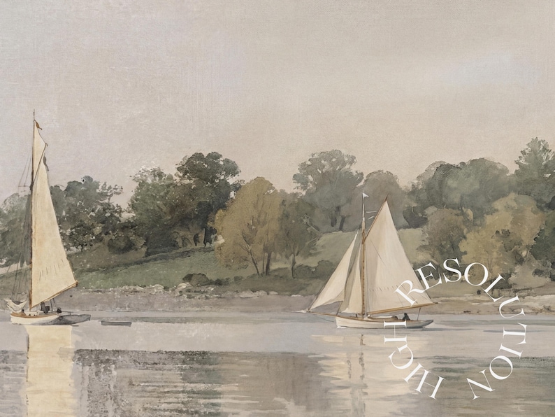 May include: Watercolor painting of two sailboats on a calm body of water. The boats have white sails and are set against a backdrop of green trees and a muted sky. The painting has a vintage aesthetic.