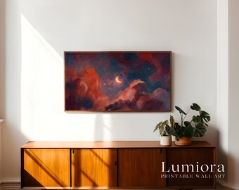 Samsung Frame TV Art Valentine's Day | Romantic Crescent Moon Night Sky | Moody Clouds Oil Painting | Celestial Dreamy Decor, 4K, image 3