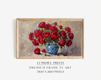 Romantic Red Peonies Samsung Frame TV Art, Vintage Floral Oil Painting, Blue and White Chinoiserie Vase, Valentine's Day Decor, 4K, image 1