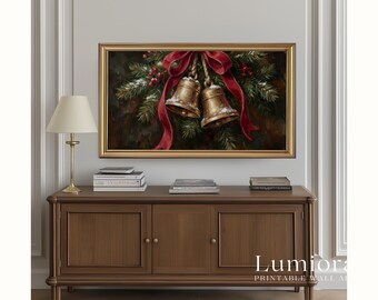 Christmas Bells Samsung Frame TV Art • Golden Holiday Bells • Festive Pine Garland Wall Art • Classic Christmas Decor for The Frame, image 5