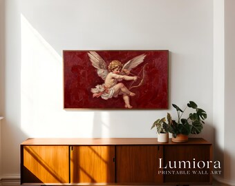 Samsung Frame TV Art Valentine's Day, Vintage Cupid with Bow and Arrow, Renaissance Angel Oil Painting, Romantic Red Background, 4K, image 3