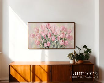 Pink Tulip Samsung Frame TV Art, Spring Floral Oil Painting, Botanical TV Decor, Cottagecore Flower Wall Art, Summer Screen Art, image 3