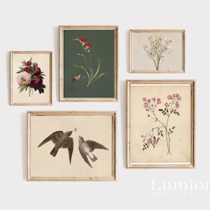 May include: A collection of framed botanical prints featuring floral and bird illustrations. The prints showcase various flowers, including red blooms, pink roses, and delicate white flowers, with a pair of birds. The frames are a light wood color.