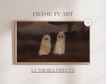 Halloween Frame TV Art, Two Ghosts Vintage Oil Painting, Moody Dark Academia Halloween Decor, Minimalist Ghost Art, Digital Download TV, image 1