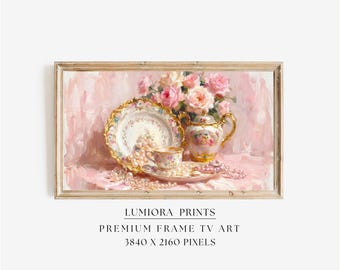 Romantic Tea Time Samsung Frame TV Art, Vintage Porcelain and Pearls Still Life, Soft Rose Bouquet Oil Painting, Shabby Chic Decor, 4K, image 1